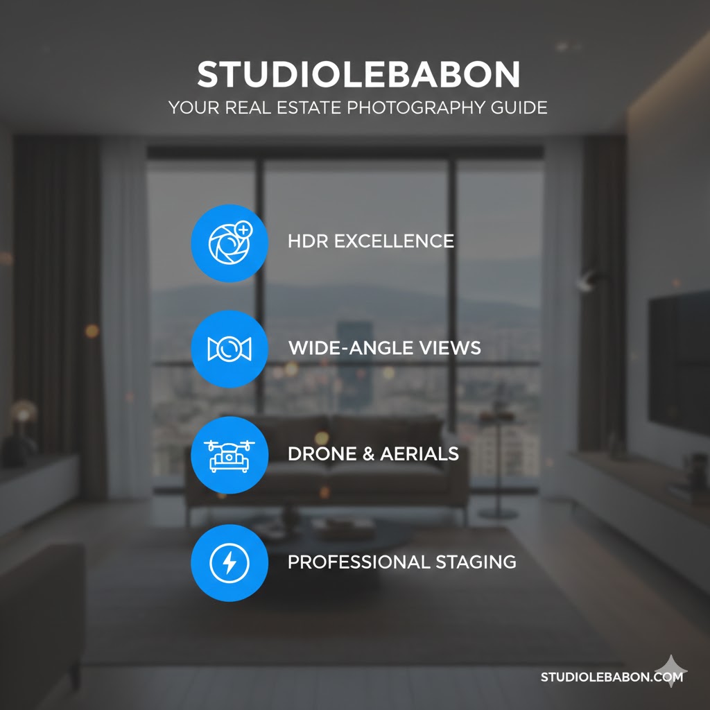 Infographic on real estate photography: HDR excellence, wide-angle views, drone and aerial shots, and professional staging