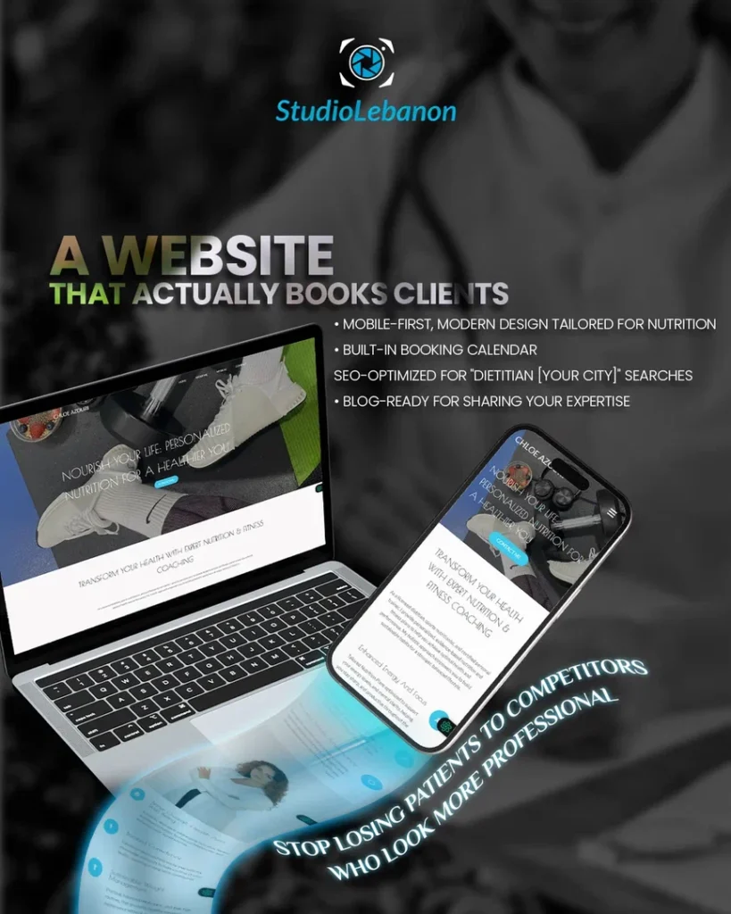 Graphic titled A Website That Actually Books Clients, showing a website on a laptop and a phone for a dietitian