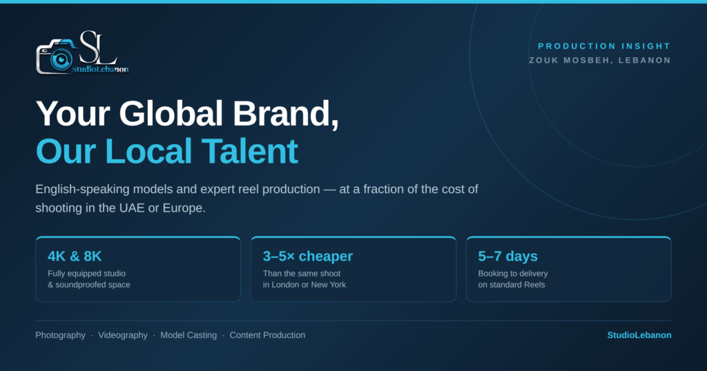 Slide reading Your Global Brand, Our Local Talent, about English-speaking models and expert reel production from StudioLebanon in Zouk Mosbeh