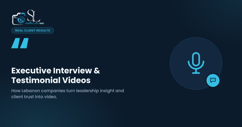 Thumbnail for StudioLebanon's executive interview and testimonial video production article, featuring a microphone icon and quotation mark on a navy and cyan background.