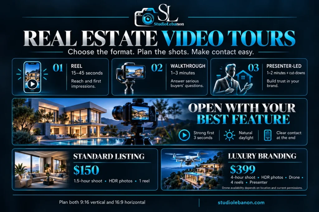 Real estate video formats and StudioLebanon packages: Standard Listing at $150 and Luxury Branding at $399.