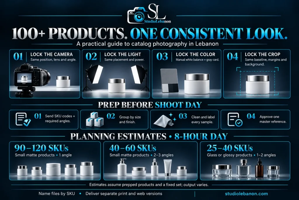 Catalog photography checklist for consistent camera position, lighting, color and crop, with estimated daily product output.