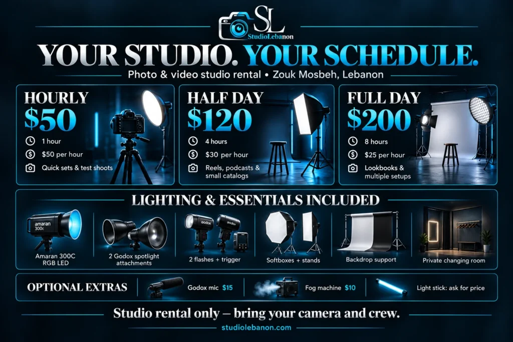 StudioLebanon rental rates: $50 for one hour, $120 for four hours and $200 for eight hours, with lighting included.