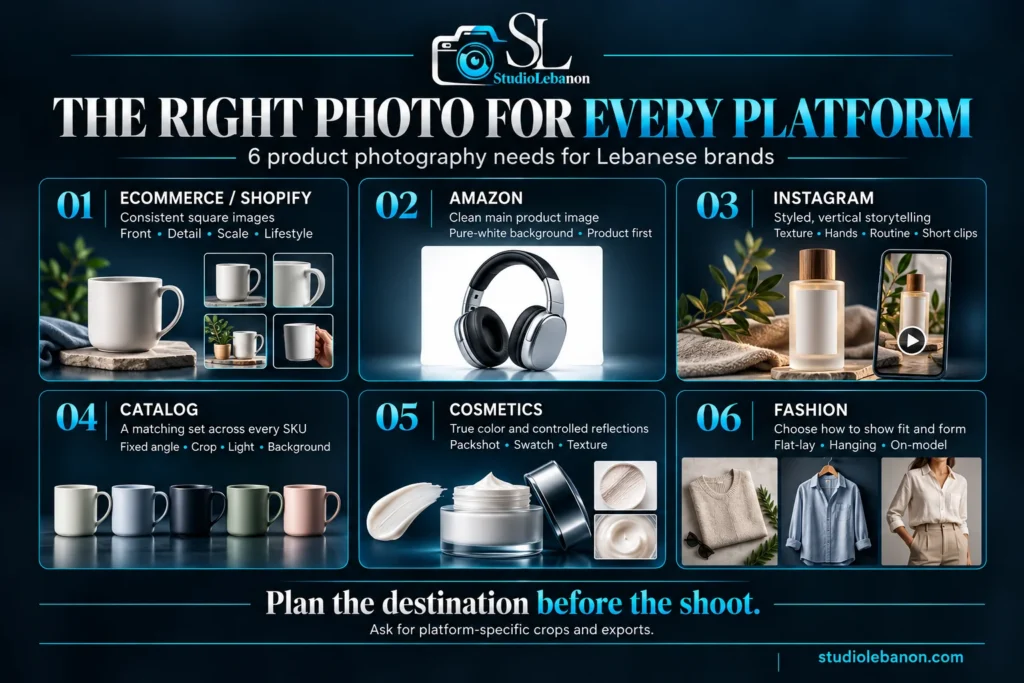 Six product photography needs for ecommerce, Amazon, Instagram, catalogs, cosmetics and fashion.