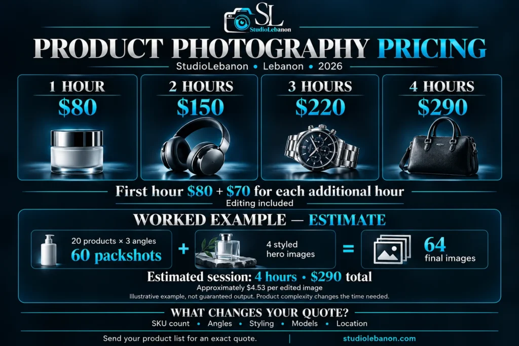 StudioLebanon product photography prices from $80 for one hour to $290 for four hours, with editing included.