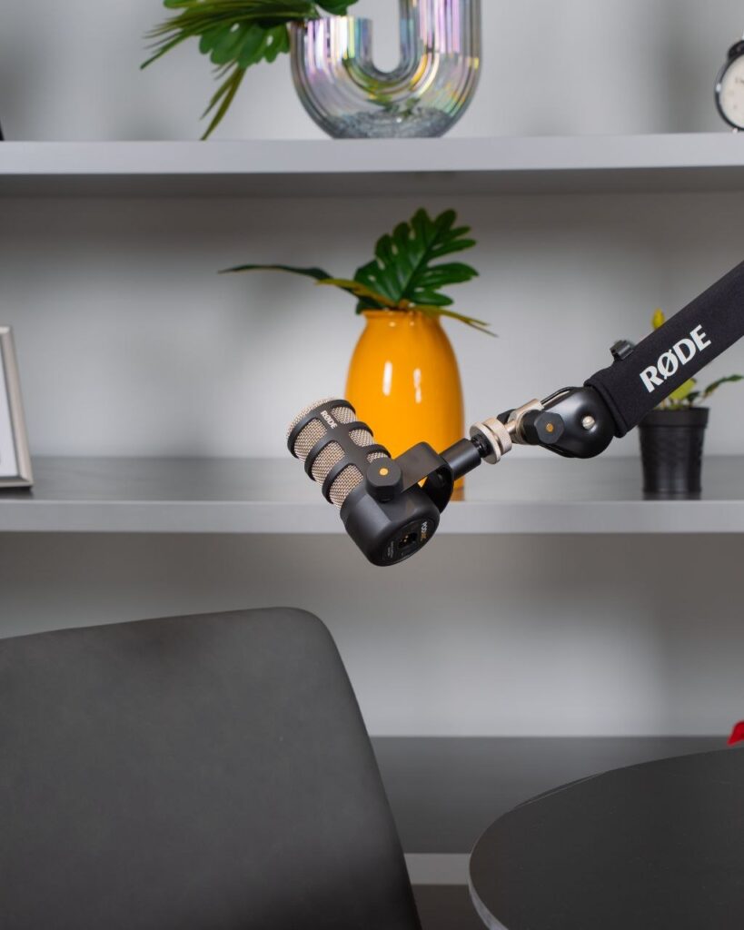 Rode podcast microphone on a boom arm in the StudioLebanon podcast studio
