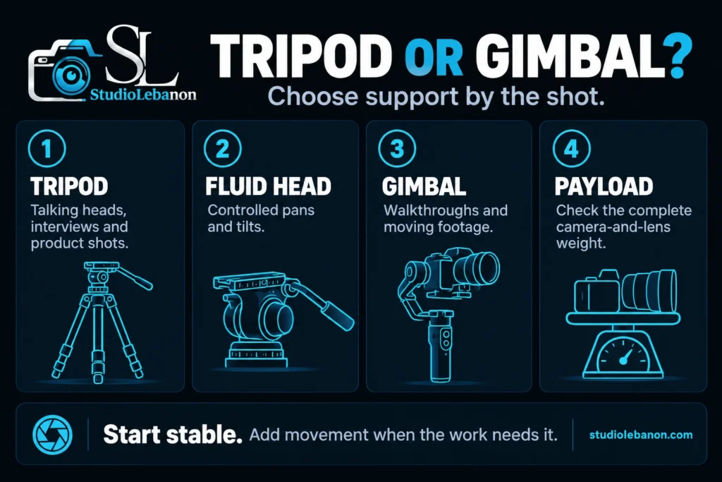 Tripod vs gimbal infographic: tripods for interviews and products, fluid heads for pans, gimbals for walkthroughs, check payload weight